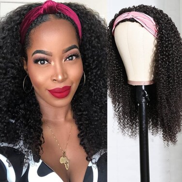 Nadula Hair 10A Afro Malaysian Kinky Curly Human Hair Half Wig WEAR WITH OR WITHOUT Headband For Women, 100% Virgin Human Hair Headband Curly 3/4 Half Wigs Gluless 150% Density Natural Color (14inch)