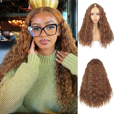 Highlight Wig V Part Wig Kinky Curly Synthetic Half Wigs for Black Women, Matthai 24Inch No Leave out V Part Deep Wave Wigs Ombre Honey Blond Wig V Shape Wigs Clip in Extensions Thin Part Wig(P33/27#)