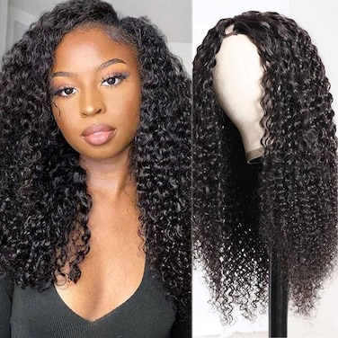V Part Wig Human Hair No Leave Out Upgrade Curly V Part Wig Human Hair Wig for Women 150% Density V Part Wig No Glue No Sew Clip In Half Wig Natural Color 16 Inch