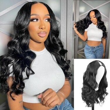 CINHOO Body Wave V Part Curly Wig for Black Women Synthetic Long Wavy Glueless Wigs Upgrade U Part Wigs For Black Women 24 inch Black No Leave Out V Part Wig Clip in Half Wigs(1B#)