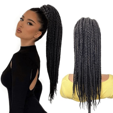 Senegalese Twist Braid Ponytail 20inch, Long Black 2X Twist Braids Drawstring Ponytail Extension Hairpiece Bun Clip-in Braided Pony for Black Women 42 strands(1B#, 20&rdquo;)