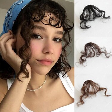 Long Curly Bangs Clip in Hair Extension, Natural Wave French Bangs Clip on Black Wispy Bangs Curly Air Bangs Fake Fringe Bangs Hair Piece for Women(Black)