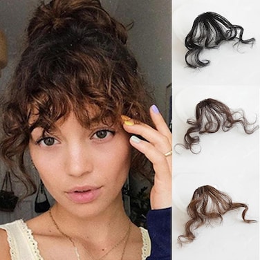 Long Curly Bangs Clip in Hair Extension, Natural Wave French Bangs Clip on Dark Brown Wispy Bangs Curly Air Bangs Fake Fringe Bangs Hair Piece for Women(Dark Brown)