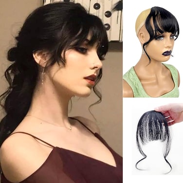 Long Curly Bangs Clip in Hair Extension, Synthetic Hair French Bangs Hair Straight Wispy Bangs with Wavy Temples Black Air Bangs Fake Fringe Bangs Hair Piece for Women(Black)