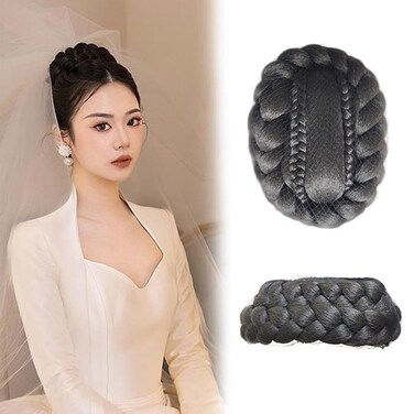 Large Size Braided Hair Bun Hairpiece Bride Hair Bun Clip in Synthetic Hair Updo Twisted Chignon Bun Ponytail Hair Extensions Hair Donut China Buns Hair Piece for Women(#1B, VM212)