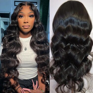 Lace Front Wig Pre Plucked Ready to Wear 13x6 HD Glueless Body Wave Lace Front Wig for Women Natural Looking Synthetic Heat Resistant Fiber Wavy Lace Wig Natural Black (26 Inch)