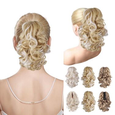 Vijiv Drawstring Ponytail Extension 12 Inch Curly Ponytail for White Women Human Hair Short Synthetic Pony Tails Hair Extensions Ponytail Claw Clip in Hair Piece for Women Updo Wig Blonde Highlights