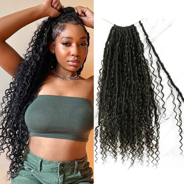 Pre-looped Crochet Boho Faux Locs with Human Hair Curls Goddess Crochet Locs With Curly Ends Human Hair Soft Dreadlocks Hair for Black Women Natural Color 18inch 3 Packs 72 Locs