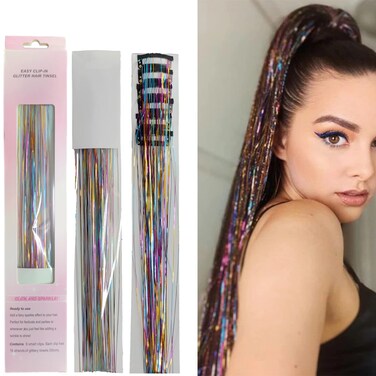 47" Holographic Hair Tinsel Shining Gold Professional Sparkle Heat-Resistant Silk Extensions, Hair Accessories for Girls, Party Hair, Gifts for Girls (6PCs Clip in Hair Tinsel Kit, Rainbow Galaxy)