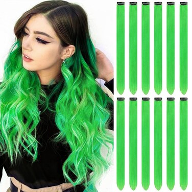 12 PCS Green Hair Extensions Clip in, Colored Party Highlights Extension for Kids Girls Synthetic Hairpiece Straight 22 inch