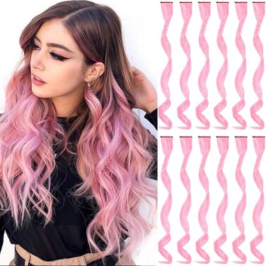 12 PCS Pink Hair Extensions Clip in, Curly Wavy Colored Extension for Kids Girls - Party Highlights Synthetic Hairpiece 17 inch