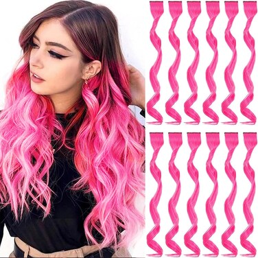 12 PCS Hot Pink Hair Extensions Clip in, Curly Wavy Colored Extension for Kids Girls - Party Highlights Synthetic Hairpiece 17 inch