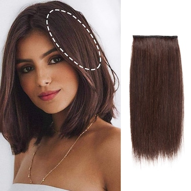 Silky Straight Short Hair Extensions Real Remy Human Hair Volume Insert Clip Natural Invisible Lady Parts Frontal Bangs Toppers for Women Men with Thinning Hair Short Hair 4"#2 Dark Brown