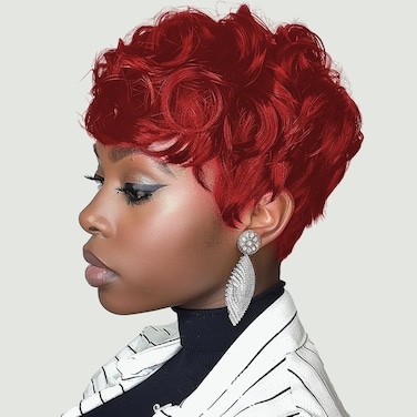 Red Pixie Cut Wig Short Red Wig for Black Women with Bangs Natural Curly Synthetic Hair Wigs Fluffy Pixie Wig Synthetic Short Red Pixie Cut Layered Wigs (Red)
