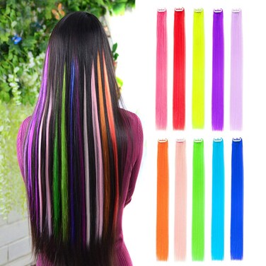10pcs Straight Colored Clip in Hair Extensions for Party Highlights Hairpieces 22inch Multiple Colors