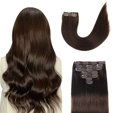 Clip in Hair Extensions Real Human Hair 14Inch 120g/set Straight Human Hair Clip in Extensions 7pcs Thick Remy Brazilian Human Hair Clip ins for Women Medium Brown Color