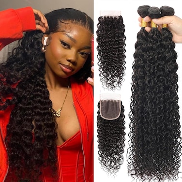 Water Wave Bundles with Closure(18 20 22+16inches) 12A Brazilian Virgin Hair Wet and Wavy Bundles with Lace Closure 100% Unprocessed Curly Weave Bundles with Closure Hair Extensions Natural Color