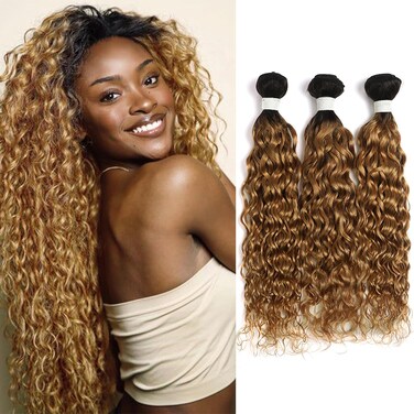 X-TRESS 3 Bundles (14+16+18") 1b/27 Curly Wave Bundles Human Hair Ombre Water Wave Bundles 100% Human Hair Wet and Wavy Bundles Brazilian Curly Hair Bundles Two Tone Color T1B/27(14"16"18")