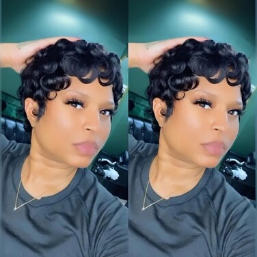 Pixie Wigs for Black Women Human Hair Short Curly Pixie Cut Wigs For Black Women Full Machine Made Wig Glueless Wig None Lace Front Wig Pixie Curly Black 1B