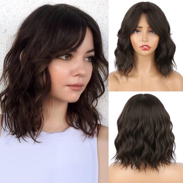 Natural Brown Wavy Bob Wig with Curtain Bangs for Black Women, Synthetic Short Brown Curly Bob Wig with Bangs for Daily Use