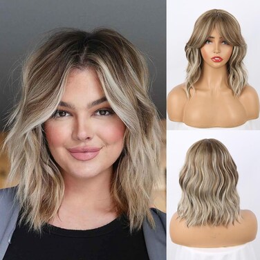 Short Ombre Highlight Honey Blonde Wavy Bob Wig with Curtain Bangs,Short Ombre Highlight Ash Brown Mixed Golden Blonde Curly Wavy Wig Light Brown Bob Wavy Shoulder Length Wig 14inch
