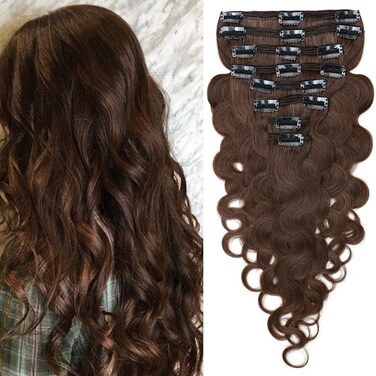 S-noilite Wavy Clip in Hair Extensions Real Human Hair Curly Wavy Clip in Human Hair Double Weft Natural Wave Human Hair Clip in 8 Pieces 18 Clips 100% Remy Hair (18 Inch - 140g,Medium Brown (#04))