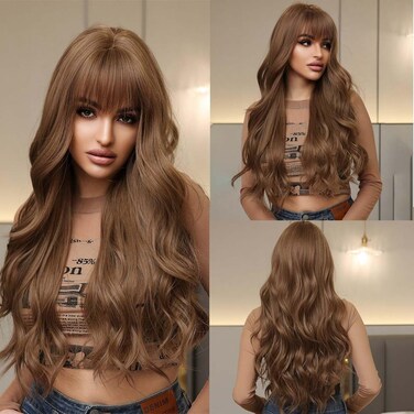 WL-07 Long Wavy Wig for Women 26 Inch Middle Part Curly Wavy Wig Natural Looking Synthetic Heat Resistant Fiber Wig for Daily Party Cosplay Halloween Use (Brown)