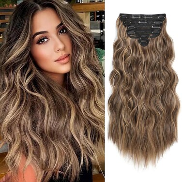 Clip in Hair Extensions for Women, 6PCS Long Wavy Curly Clip on Hair Extensions 16 Inch Honey Blonde Mixed Light Brown Synthetic Hairpieces