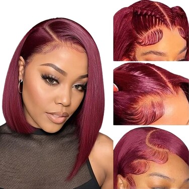 99j Burgundy Bob Wig Human HaIr Wigs 13x4 Lace Front Wigs for Black Women Straight Burgundy Human Hair Pre Plucked 180% Density Transparent Lace Frontal Wig 99j Short Bob 10 inch