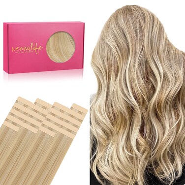 WENNALIFE Tape in Hair Extensions Human Hair, 20pcs 50g 16 inch Light Blonde Highlighted Golden Blonde Remy Hair Extensions Straight Human Hair Tape in Extensions Skin Weft Tape Extensions Human Hair