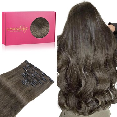 WENNALIFE Clip in Hair Extensions Real Human Hair, 18 Inch 120g 7pcs Human Hair Extensions Clip In Human Hair, Cool Dark Brown Hair Extensions Clip In Real Hair Coloured Remy Human Hair Extensions