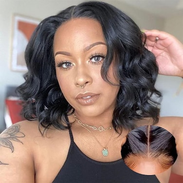 Short Bob Wigs Wear and Go Glueless Wigs Human Hair Pre Plucked Pre Cut Body Wave Lace Front Wigs for Black Women Upgraded No Glue 4x4 Lace Closure Wigs Natural Color 8 Inches