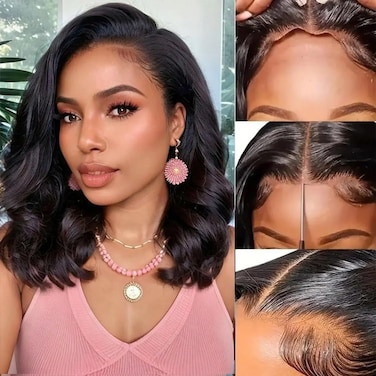 Wear and Go Glueless Wigs Human Hair Pre Plucked Pre Cut (16 Inch) Body Wave Bob Wig Human Hair 4x4 Lace Front Wigs for Black Women Brazilian Virgin Human Hair Bob Wigs Glueless 180% Density