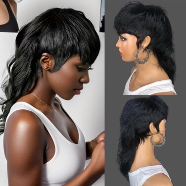 Wear And Go Wolfcut Mullet Wig Human Hair Straight Dovetail Wig 80s 90s Short Pixie Cut Wigs Glueless Brazilian Human Hair Wigs For Women Black Full Machine Made Wig With Bangs