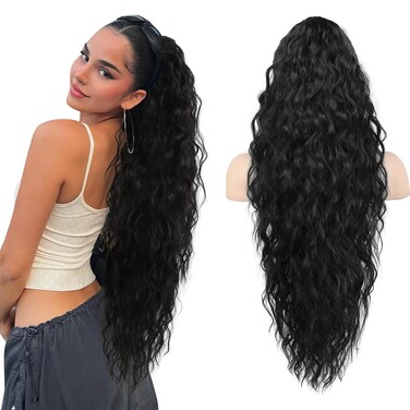 SEIKEA Ponytail Extension, 30" Lightweight Extra Fluffy Claw Clip Hair Extensions Long Wavy Curly Multi-layered Clip in Fake Pony Tails Natural Soft Synthetic Hairpiece Black