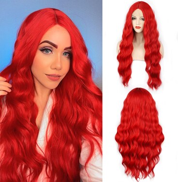 WECAN Red Wigs for Women Long Wavy Synthetic Red Wig Halloween Cosplay Red Wigs Daily Party Use Heat-Resistant Fiber Red Wig