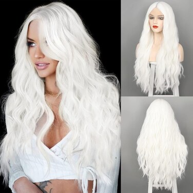 WECAN Long White Wigs for Women, 28 Inches Wavy Lace Heat Synthetic Middle Part Natural Looking Silky Wig for Daily Use, Halloween &amp; Cosplay