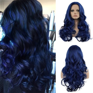 Dark Blue Wavy Wigs for Women Long Curly Natural Synthetic Hair Replacement Wig for Cosplay Daily Use