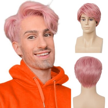Pink Mens Short Wig Layered Side Part Synthetic Wig Natural Fluffy Male Hair Wig With Bangs for Cosplay Daily Use