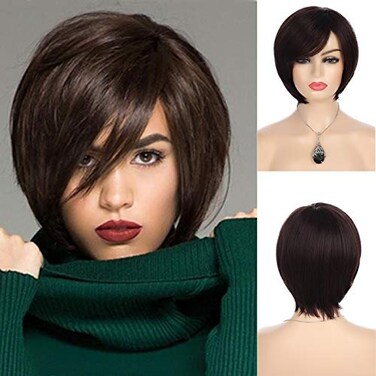 Baruisi Short Brown Bob Wigs for Women Synthetic Straight Costume Hair Wig for Party Daily Use