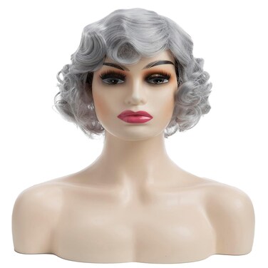 Baruisi Short Curly Grey Wigs for Women Synthetic Natural Wavy Costume Cosplay Party Wig,Grey