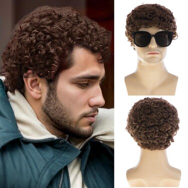 Baruisi Mens Brown Curly Wig Short Synthetic Halloween Cosplay Costume Replacement Hair Wigs