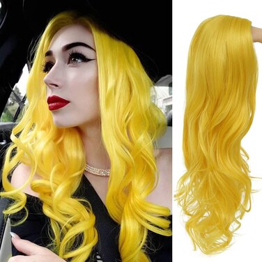 Baruisi Long Curly Wavy Yellow Wigs for Women Side Part Natural Looking Cosplay Synthetic Fiber Wig Heat Resistant Replacement Wig