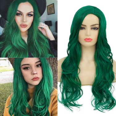 Baruisi Long Curly Wavy Green Wigs for Women Side Part Natural Looking Cosplay Synthetic Fiber Wig Heat Resistant Replacement Wig
