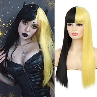 Baruisi Half Black Yellow Wig with Bangs for Women Long Straight Cosplay Hair Wig Party Halloween Use