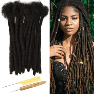 Dreadlock Extensions, Smilco 6 Inch 0.8cm 20 Strands Loc Extensions Human Hair Full Head Handmade Permanent Natural Black Dreads Extensions for Men/Women(With Dreadlock Crochet Hooks and Comb)