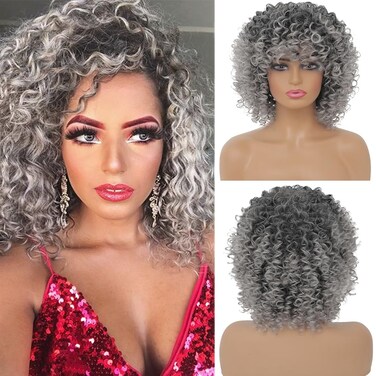 Grey Afro Curly Wigs for Black Women Dark Roots with Bangs Wig Short Wave Kinky Synthetic Daily Use Wig