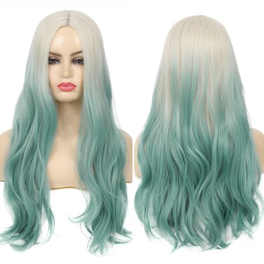 Ombre Green Wigs for Women Synthetic Long Curly Wavy Ombre Light Green Wigs with Blonde Roots Middle Part Wigs for Party Daily Use