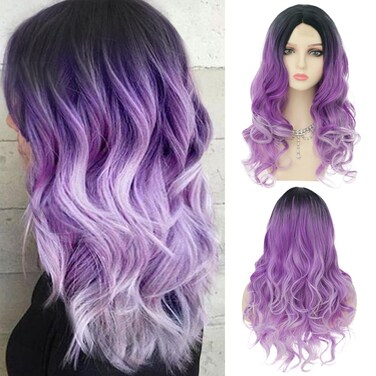 Ombre Purple Wigs for Women Dark Roots Long Curly Wave Wigs Middle Part Synthetic Halloween Party Wigs