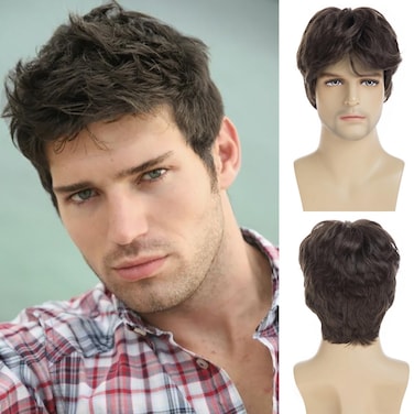 Mens Short Brown Wig Synthetic Natural Replacement Hair Wig for Daily Party Wear